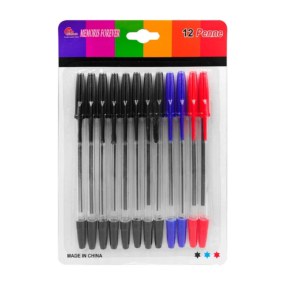 Paquete con 12 boligrafos delgados 8 tinta negra, 2 azules y 2 rojas / hfy-12983
