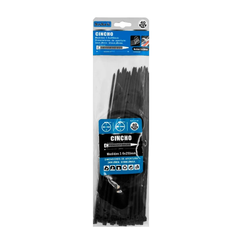 Paquete con 40 cinchos en color negro maxmacia con medidas de 3.6x250mm / 11158