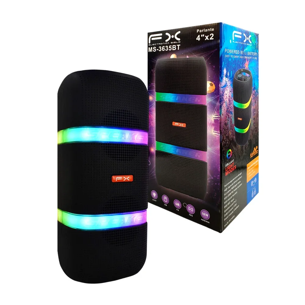 Bocina inalámbrica fx de 4inx2, puerto usb, tf y radio, potencia 10w + luz rgb