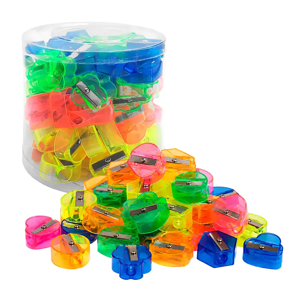 Bote con 72 sacapuntas con diseño y transparentes, variedad de diseños y colores