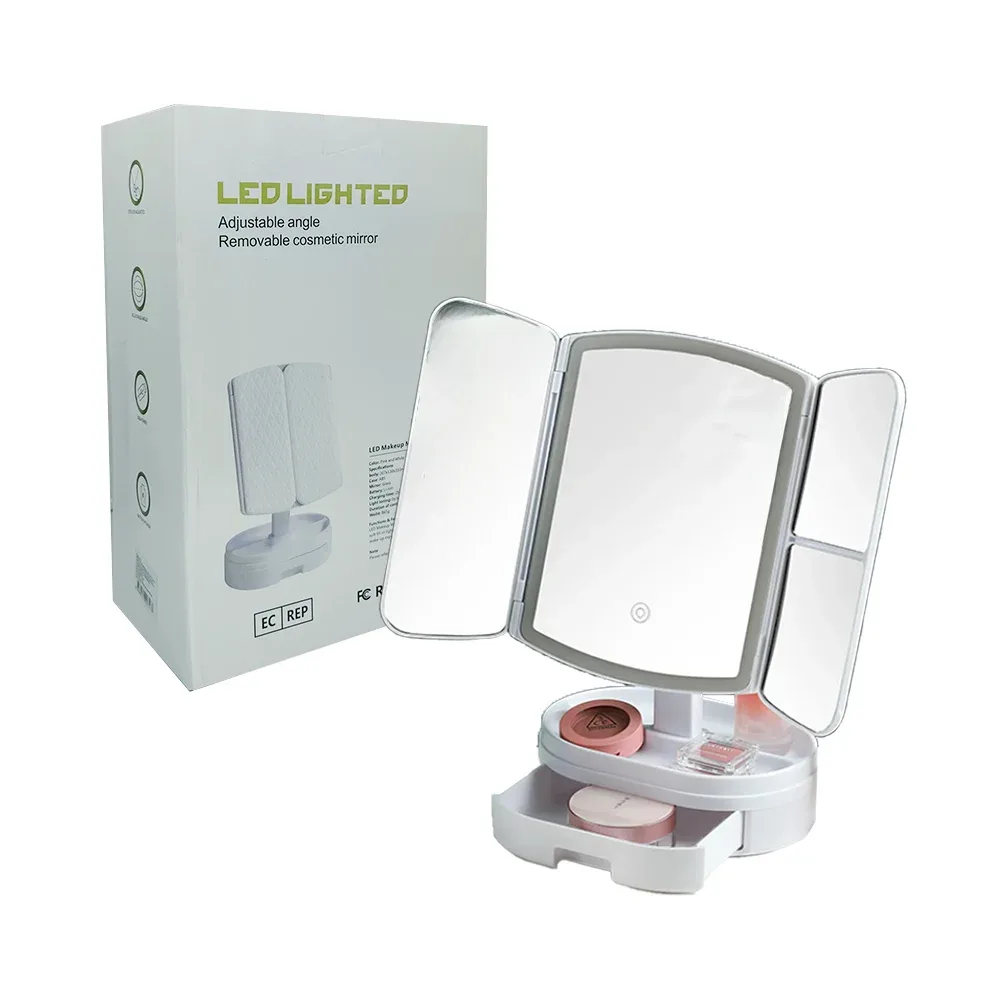 Espejo de maquillaje plegable tríptico con diferentes aumentos, luz led, base y 3 compartimientos, 207x130x310mm / led lighted / b740