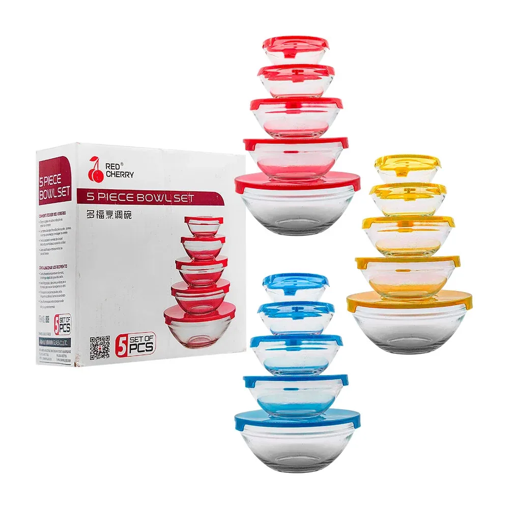 Set de 5 bowls recipientes de vidrio con tapa, varios tamaños / red cherry / 808