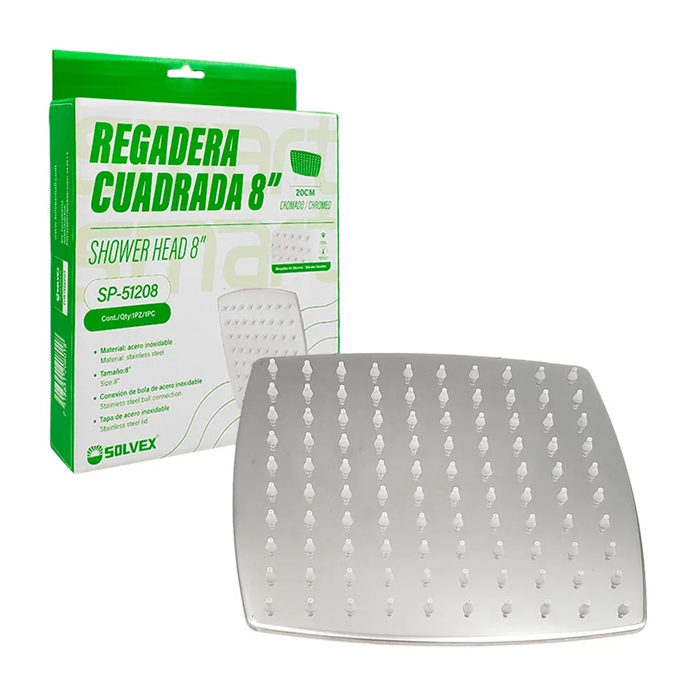 Regadera cuadrada solvex de 8in, acero inoxidable cromado y boquillas de silicón