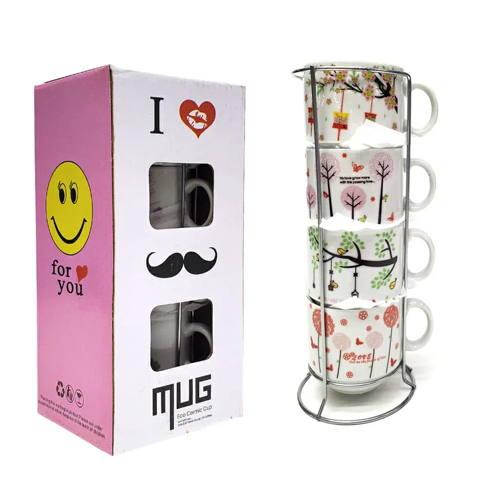 Caja con 4 tazas redondas chicas de cerámica, base soporte metálico y diseño de árboles flores o love / i mug / 18236618504