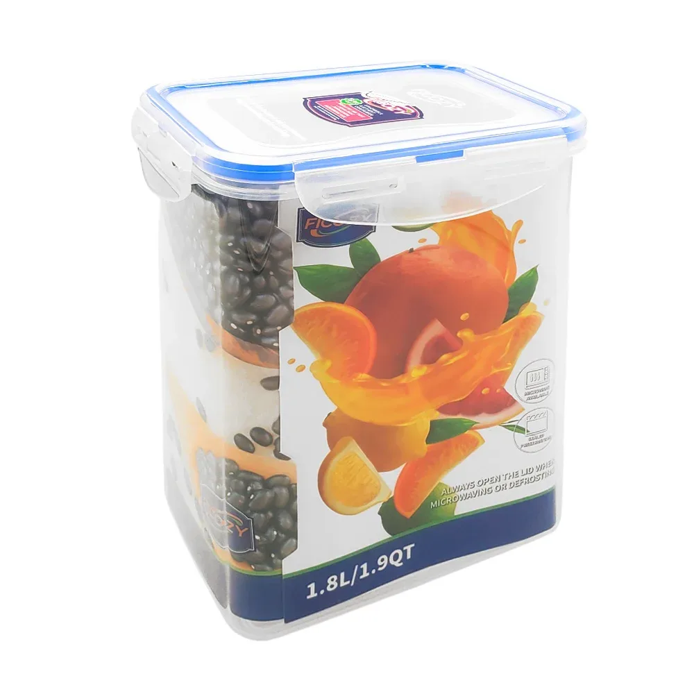 Tupper rectangular de plástico transparente con capacidad de 1.8l, resistente