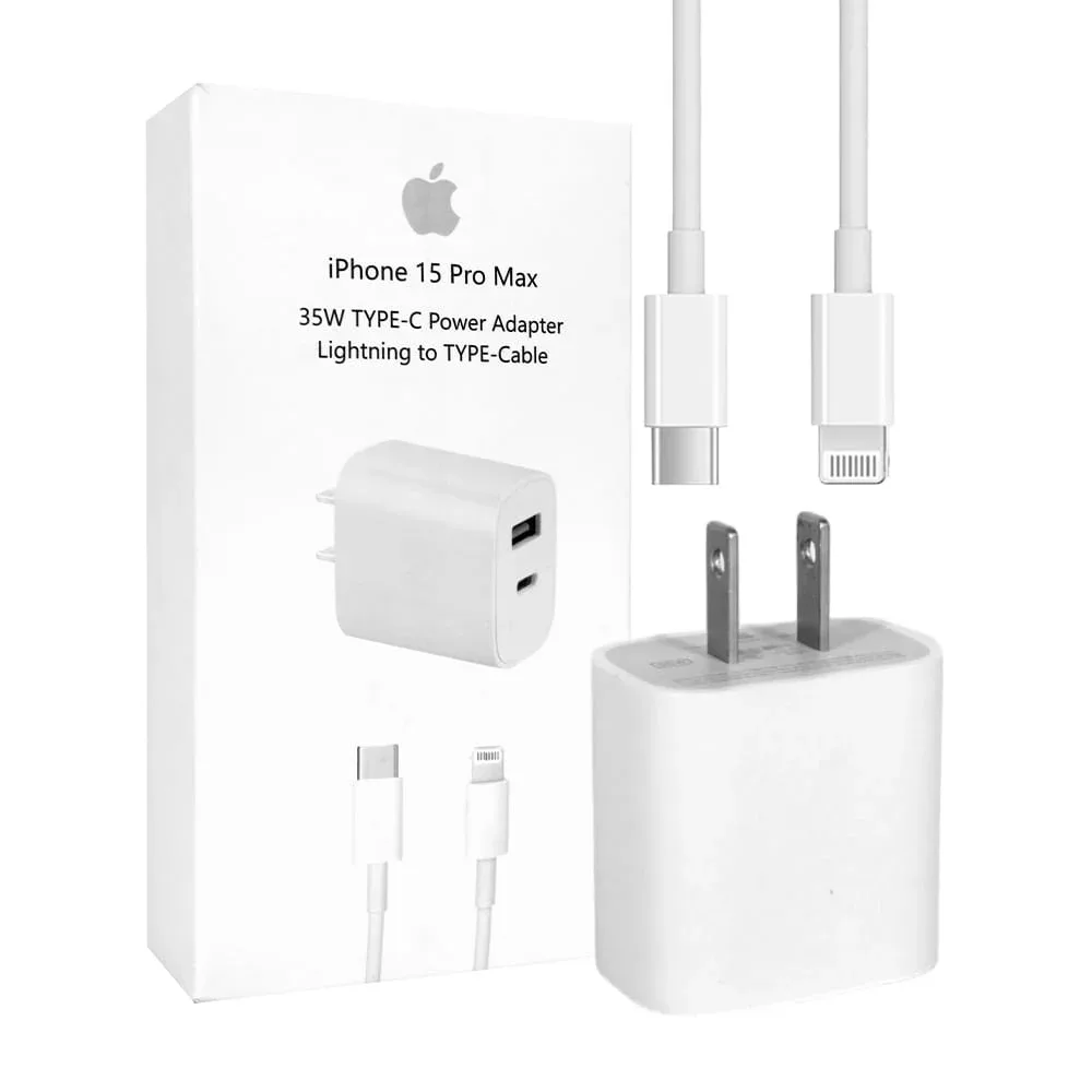 Combo cargador con puerto usb y usb-c para carga de 35 watts + cable con entrada tipo c a tipo c o lightning / a1692 / mu7V2zm