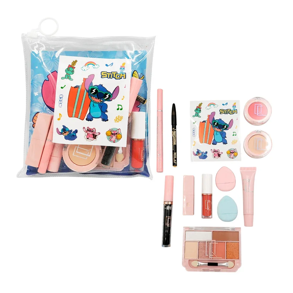 Set de maquillaje con 11 productos minis, estampado de stitch + calcamonias