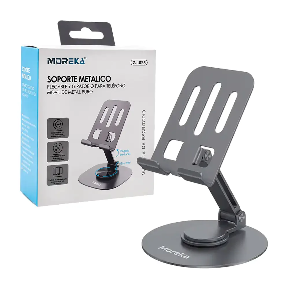 Soporte metálico de escritorio para celular, con águnlo y rotación ajustable