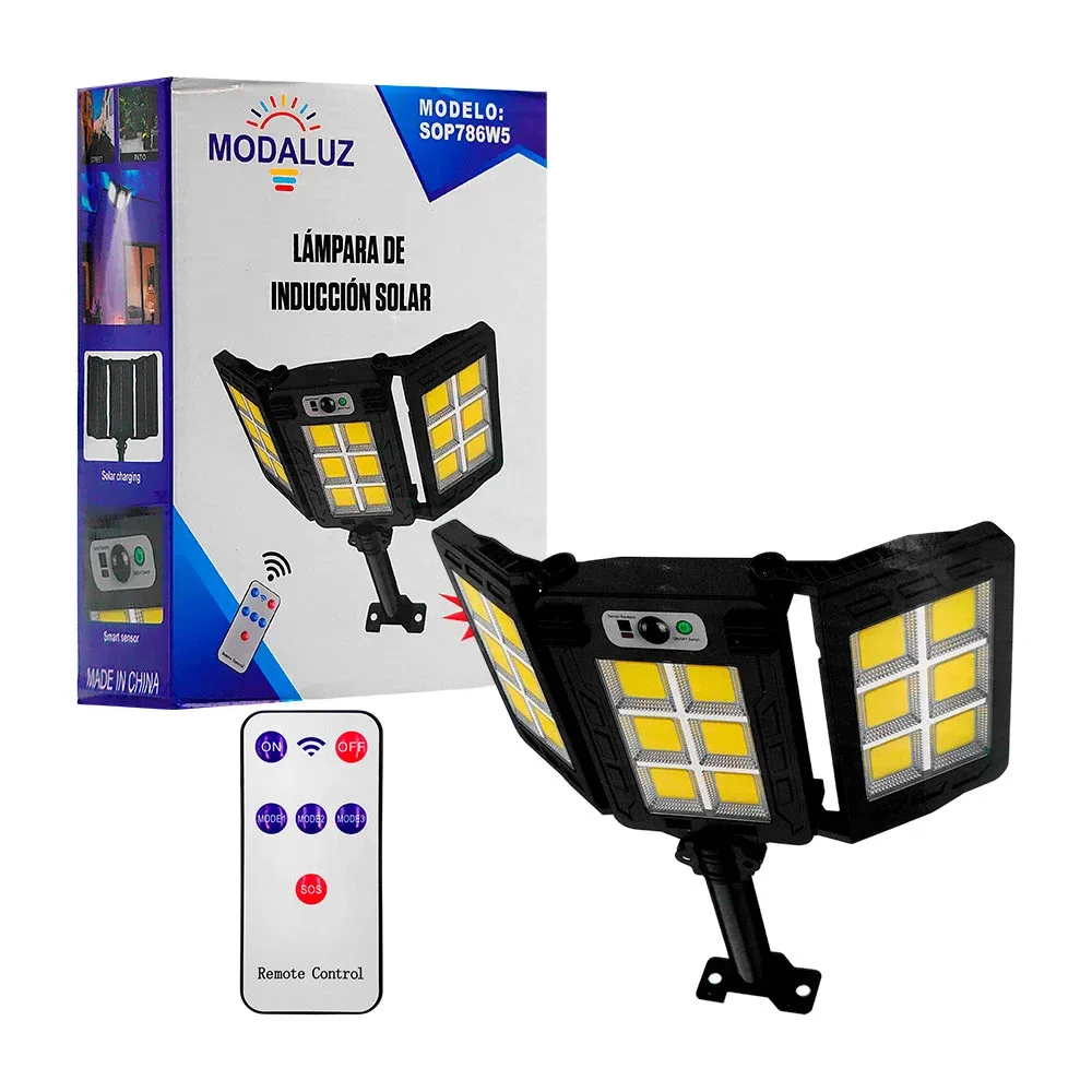 Lámpara de inducción solar triple, control remoto, 150w, sensor de movimiento