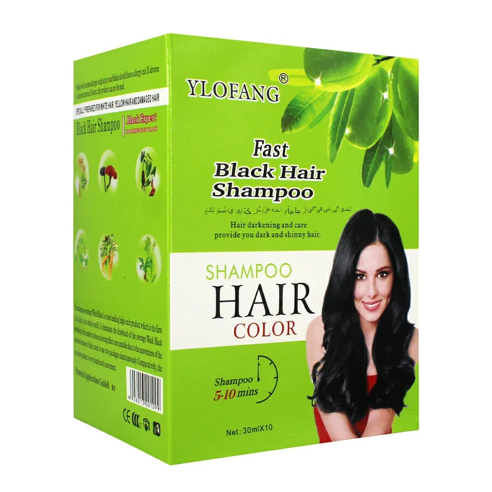 Caja con 10 sobres de shampoo instantáneo ylofang para oscurecimiento de cabello negro 30ml / a23-74