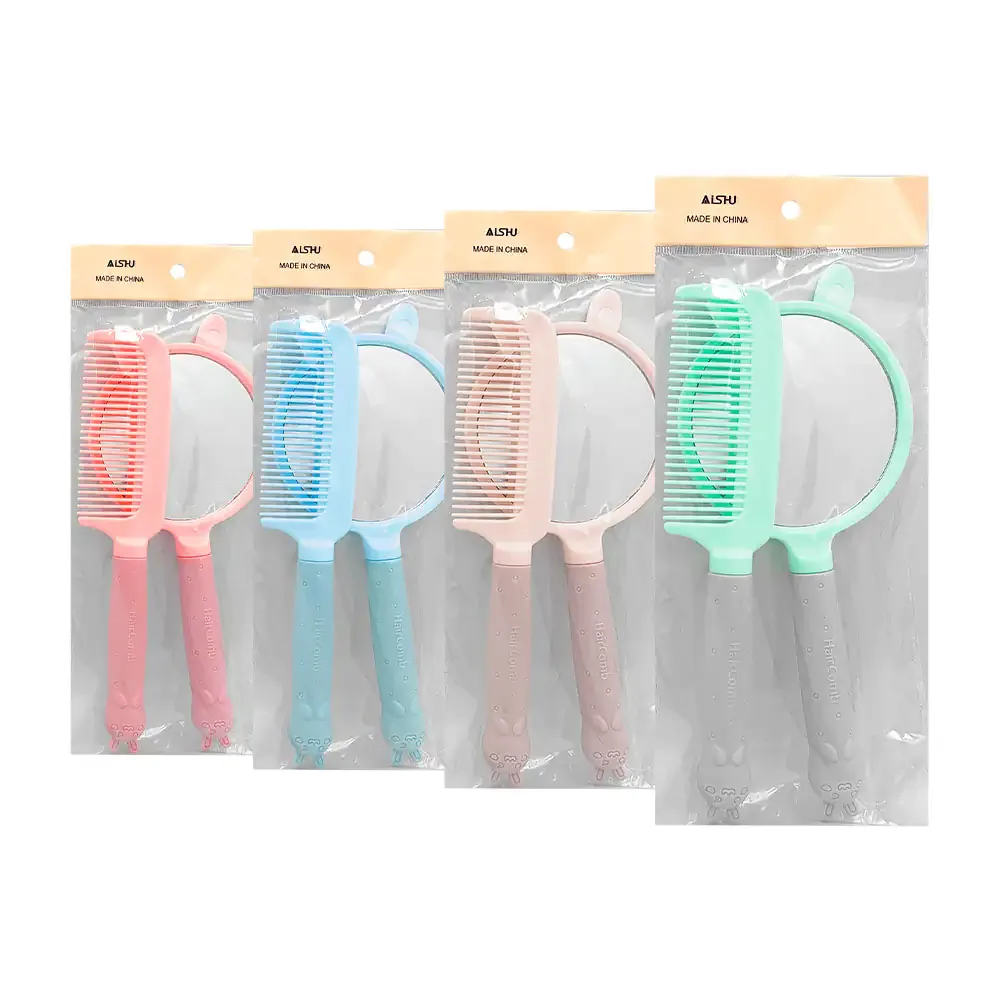 Set de espejo bicolor con orejas + peine de plástico con detalle de conejito