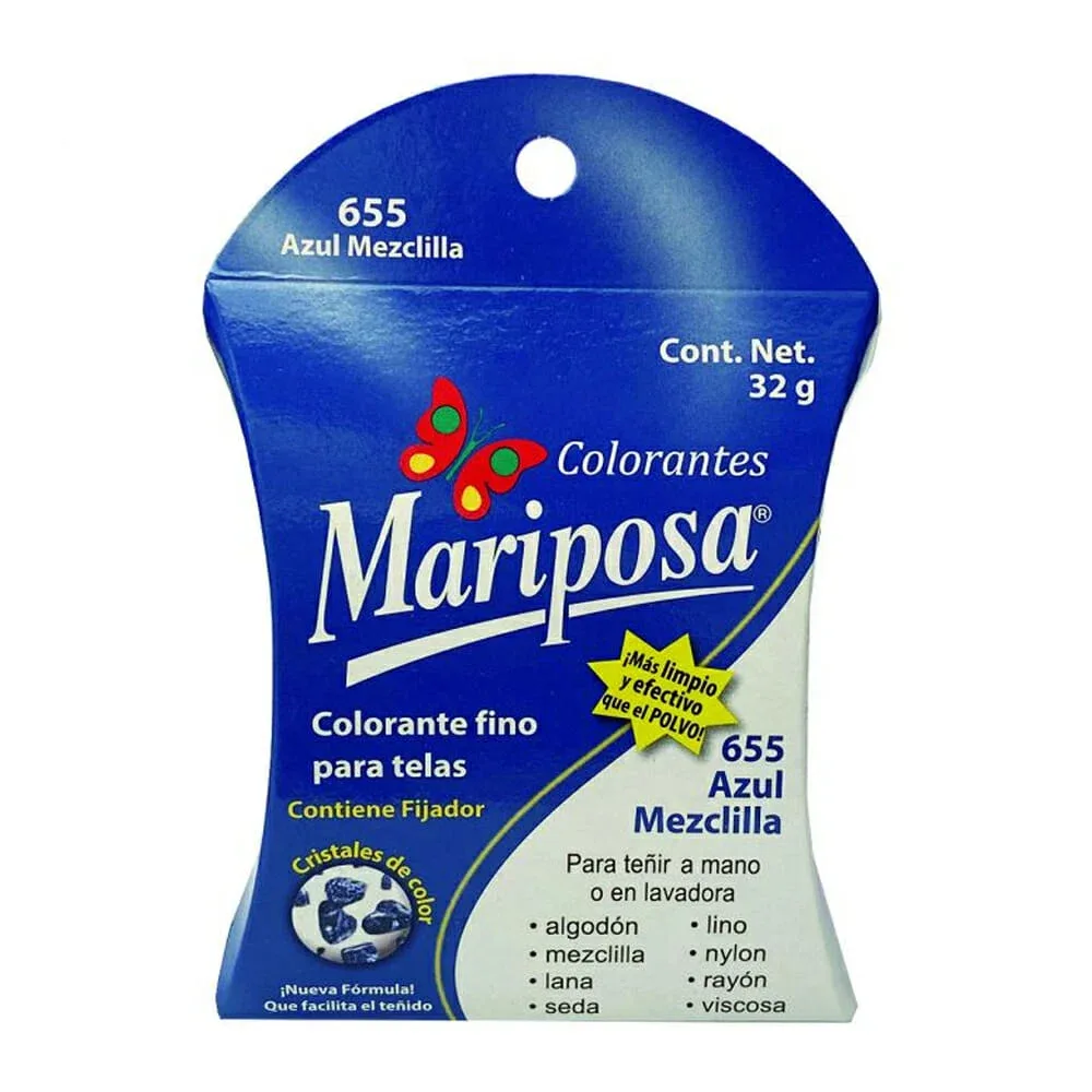Colorante fijador mariposa tono 655 azul mezclilla para teñir telas, 32g