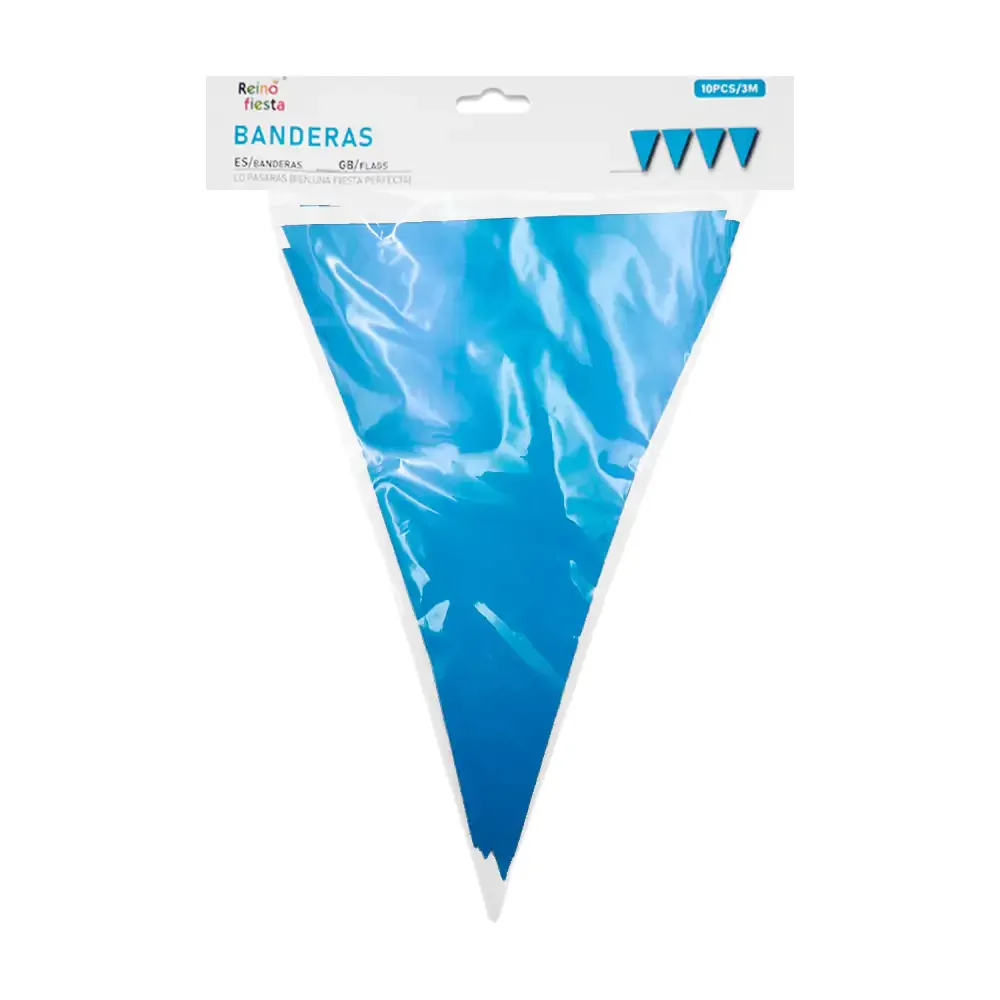 Banner banderín triangular reino fiesta con 10pz en color azul y diseño liso, 3m