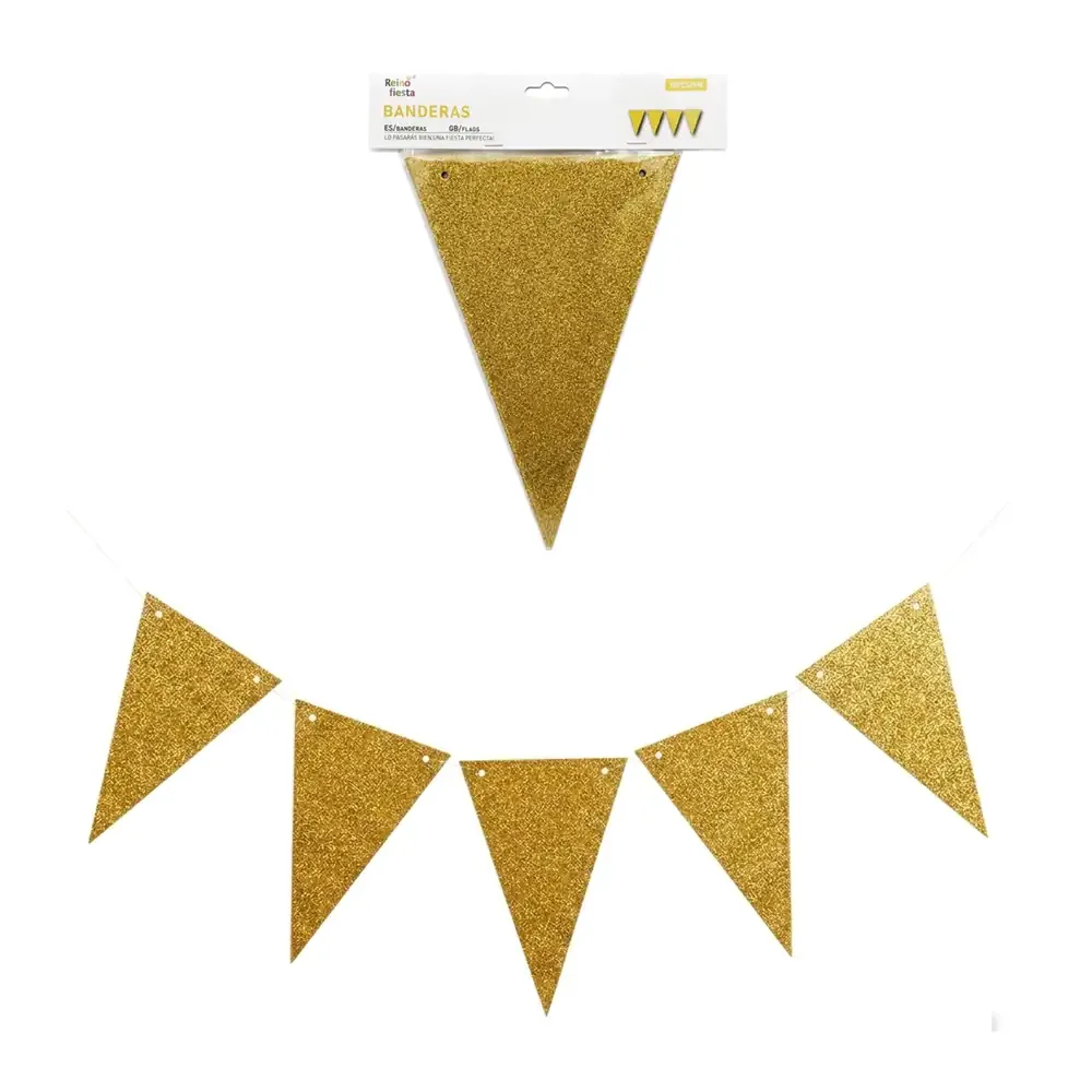 Banner banderín triangular con 10pz en color dorado y con brillantina, 5m
