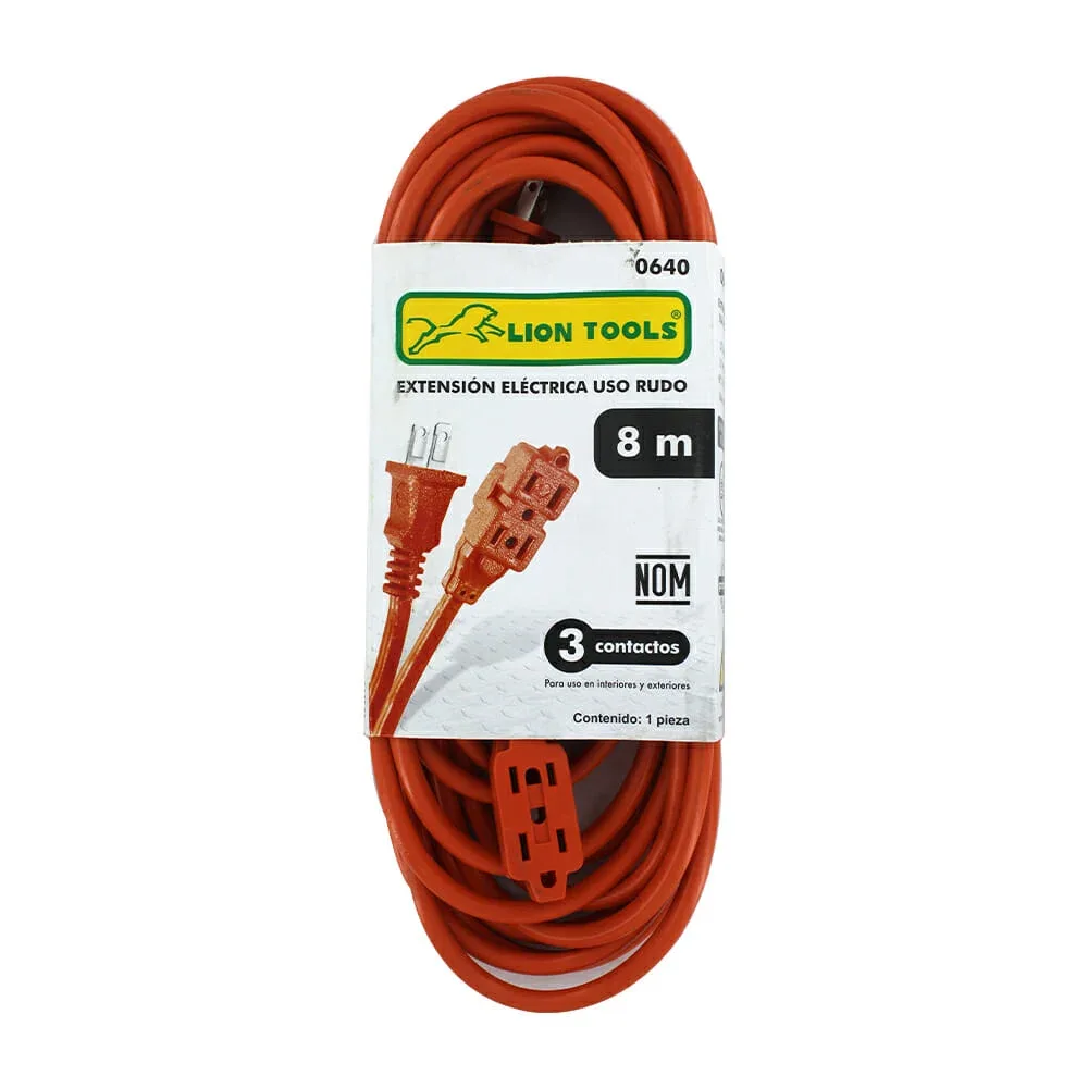 Extensión naranja lion tools calibre 16 awg de 8 metros con 3 contactos para uso rudo / 0640