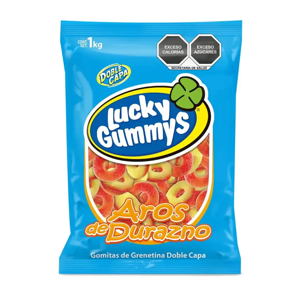 Bolsa con 1kilo de gomitas en forma de aros lucky gummy sabor durazno con doble capa y azúcar / 10090