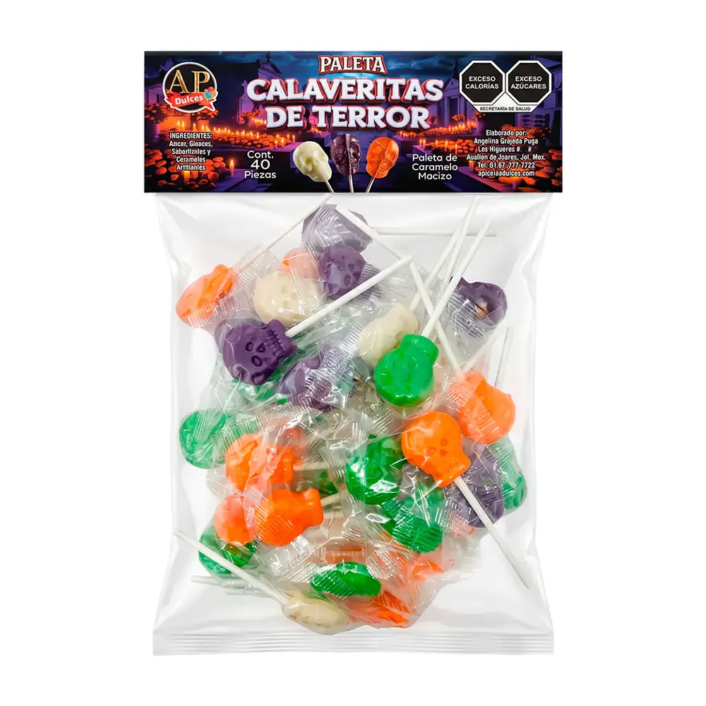 Paquete con 40 paletas en forma de calavera en diferentes colores con sabor piña colada