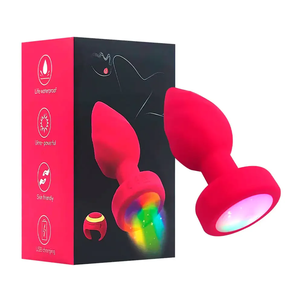 Plug consolador vibrador de plástico con luz rgb, varios modos de vibración + anillo controlador