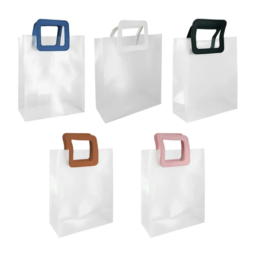 1pza bolsa para regalo transparente translúcida de plástico con agarradera de cuero sintético de color, 32x26x12cm, variedad de colores / ay-758xl