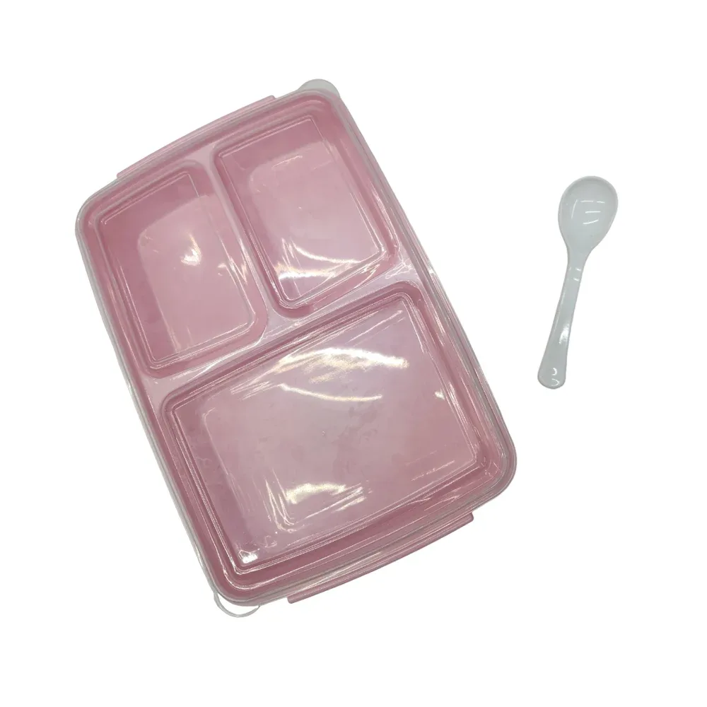 Tupper rectangular de 3 compartimentos con cuchara y tapa transparente, variedad de colores / 8128