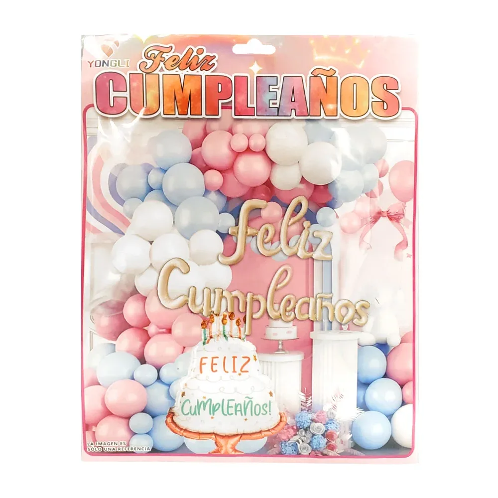 Kit decorativo 56 pz, feliz cumpleaños en tono pastel + globo en forma de pastel
