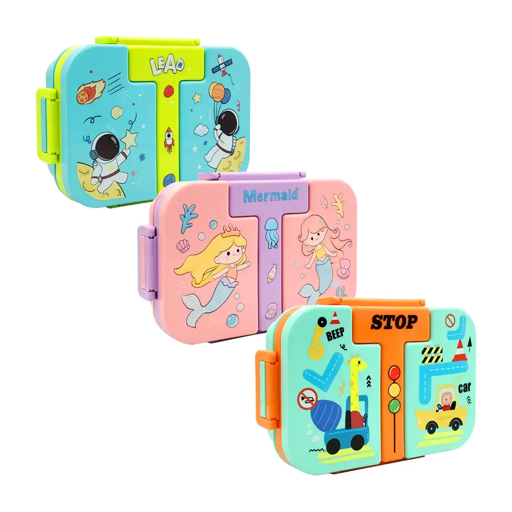 Tupper cuadrado de doble nivel con 4 compartimentos y diseño infantil + cuchara, variedad