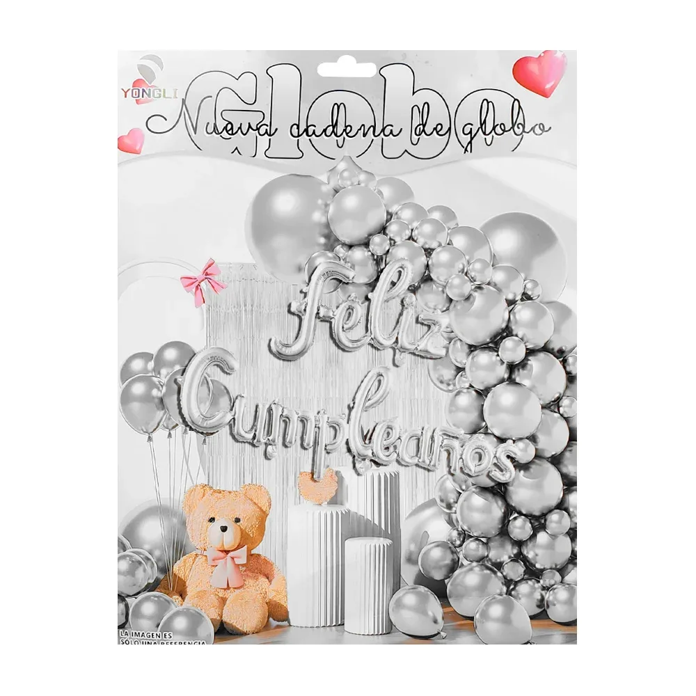 Set decorativo feliz cumpleaños 60 piezas, globos metálicos en tono plateado