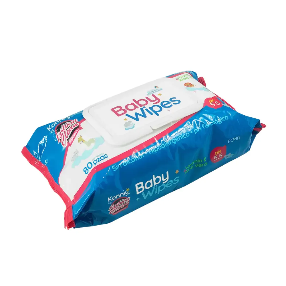 Paquete con 80pz de toallitas húmedas sin alcohol y con un ph 5.5, vitamina e y aloe vera + tapa