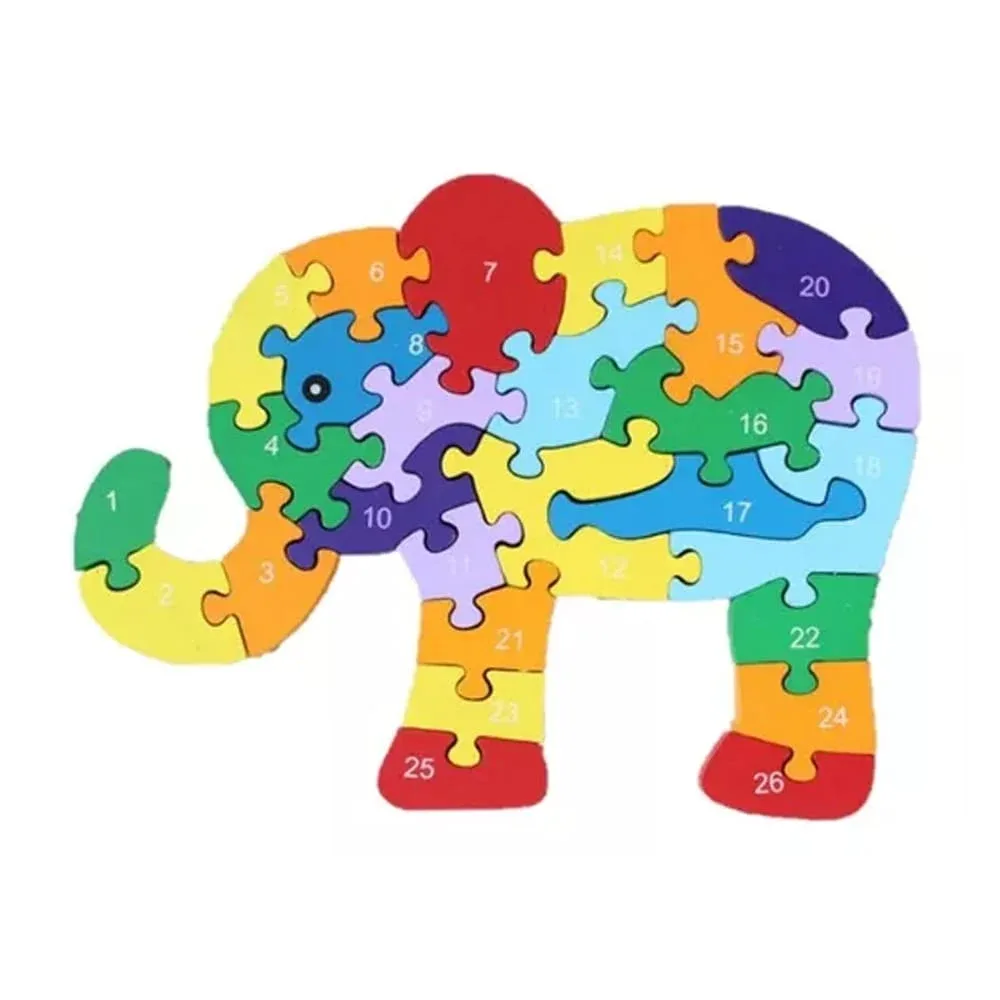 Rompecabezas didáctico para niños de madera en forma de elefante con el abecedario y números / 12366