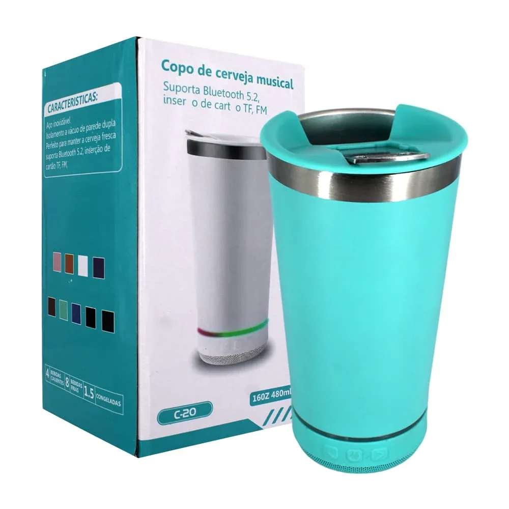 Vaso / termo metálico de acero inoxidable con bocina inalámbrica integrada, luz rgb y destapador metálico con capacidad para 480ml, variedad de colores / copo de cerveja musical / c-20