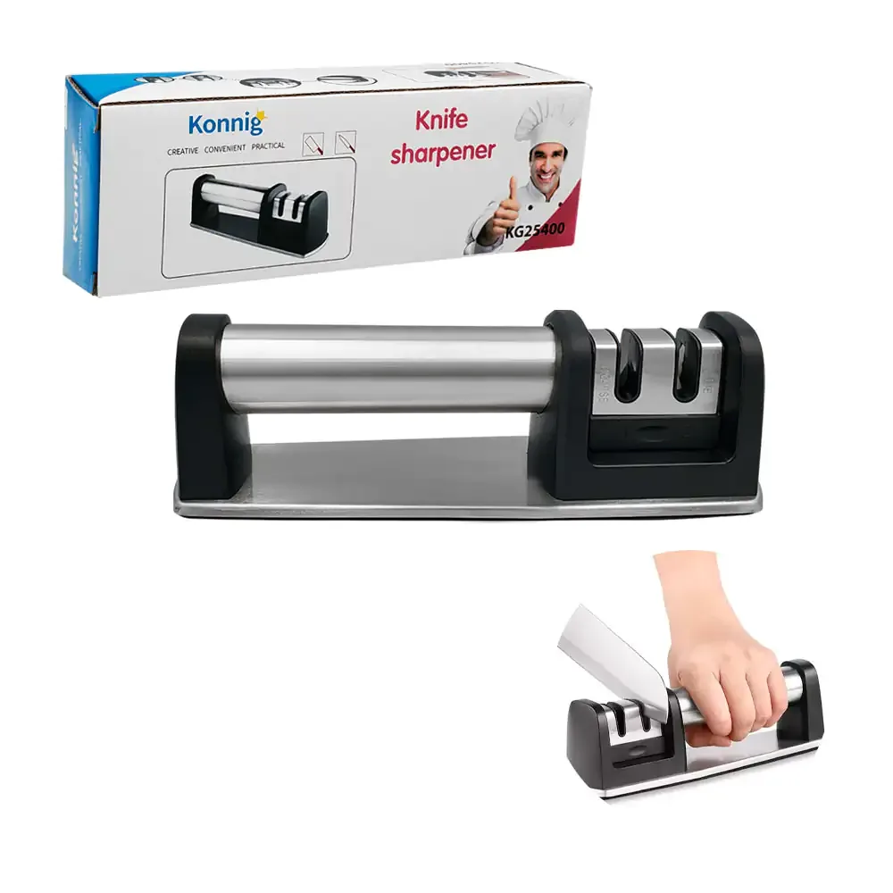 Afilador de cuchillos de acero inoxidable con agarradera y base antiderrapante