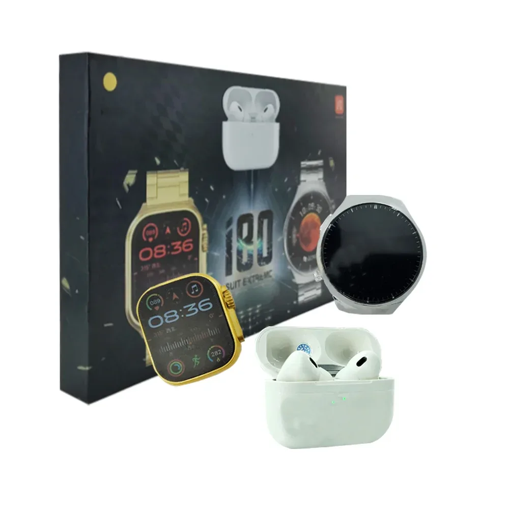 Set 2 smartwatches relojes inteligentes con 7 extensibles intercambiables + audífonos bluetooth con estuche de carga y 2 cargadores magnéticos, variedad de colores / i80 suit extreme