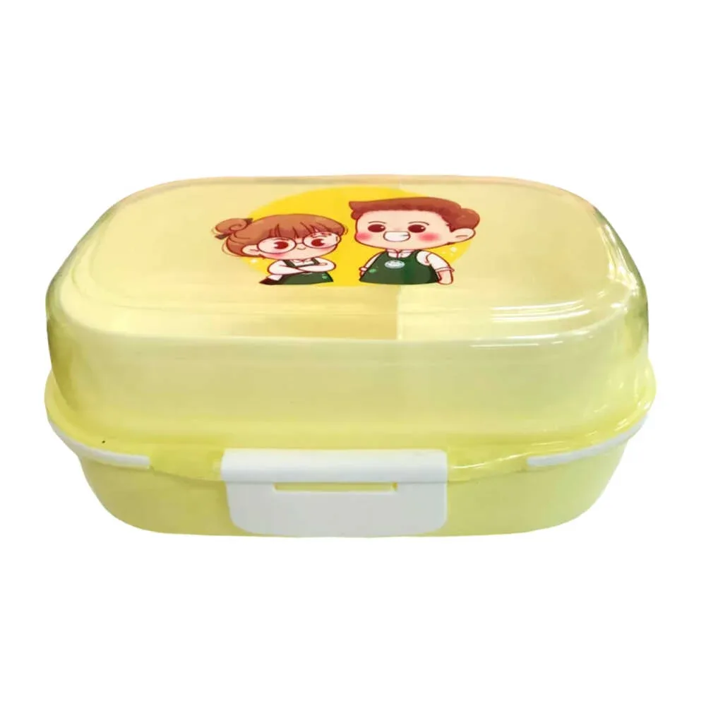 Tupper rectangular de plástico con 2 niveles, 3 compartimientos y 2 cubiertos + diseño animado, variedad de colores / 23-fh-15789