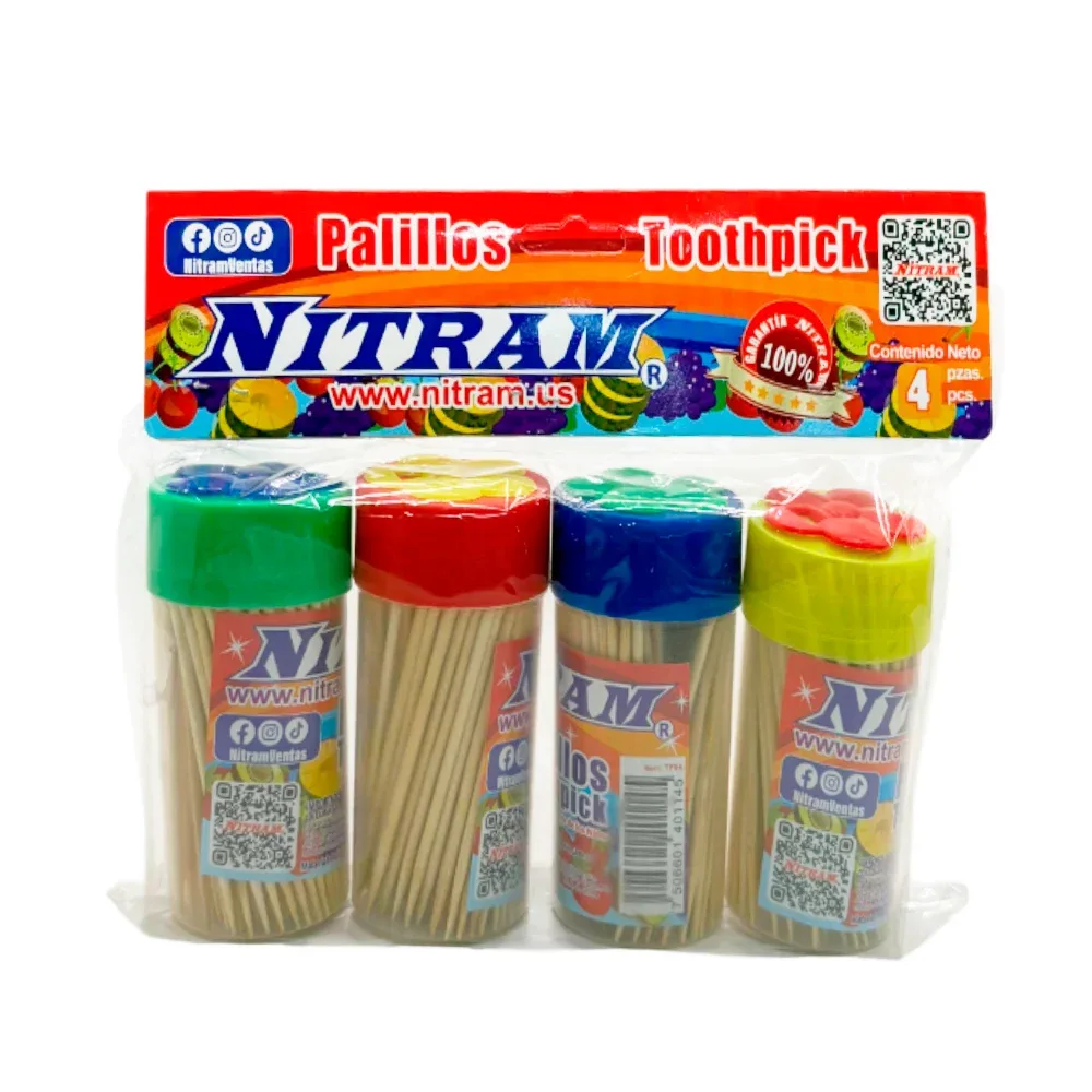 Blíster de 4 botes con palillos dentales de madera y tapa de flor