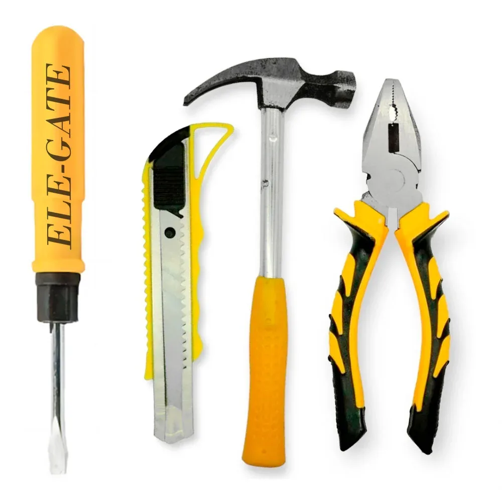 Kit de herramientas con desarmador plano, cutter, martillo y pinzas / family tools