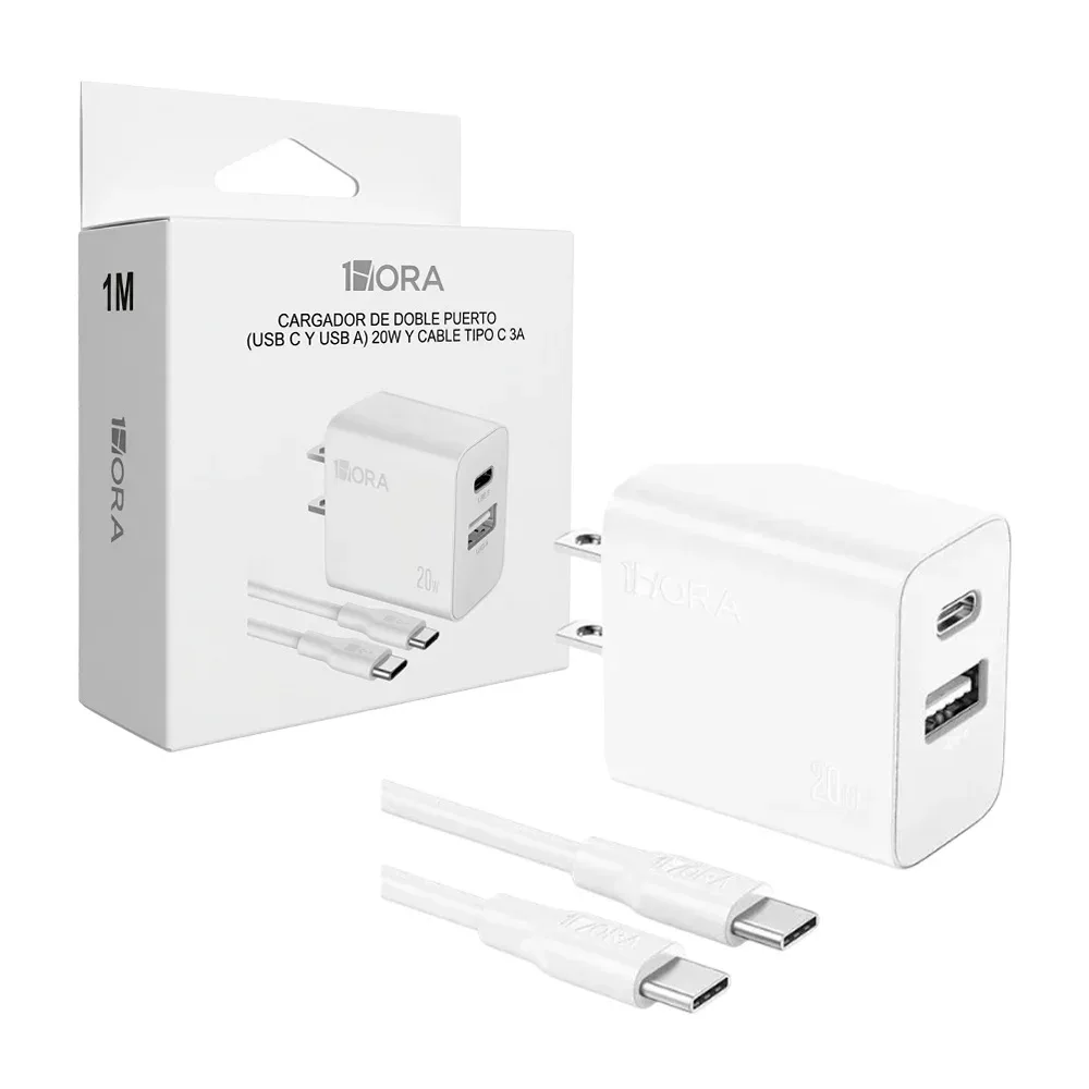 Combo cargador 1hora con cable tipo c y cubo con puerto usb y usb-c / pd20w