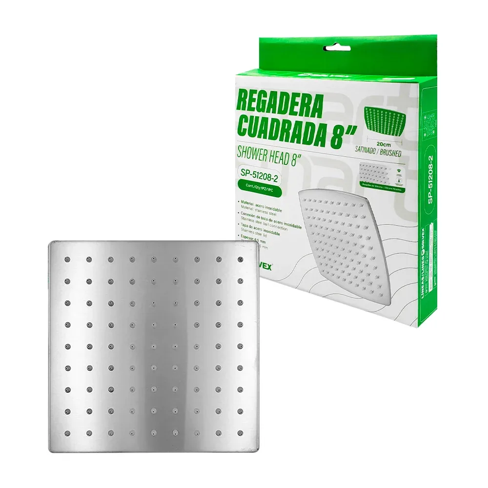 Regadera cuadrada solvex de 8 pulgadas, espesor 4.5mm de acero inoxidable