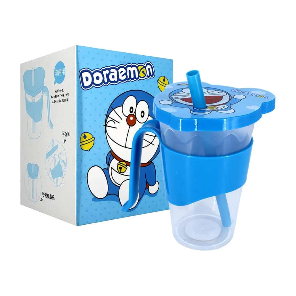Vaso de plástico 450ml con tapa y popote diseño de doraemon / 706100
