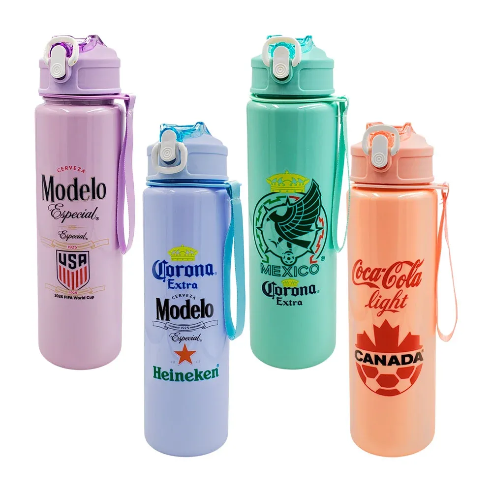 Botella de plástico con estampado de bebidas y temática de países 750ml, surtido