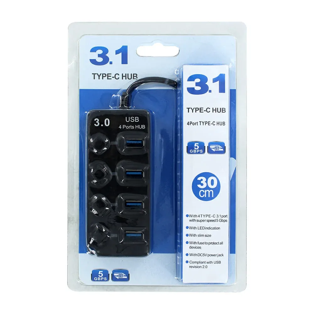 Hub multiconector usb-c con cable de 30cm y 4 puertos usb 3.0 con interruptor apagador / 425763