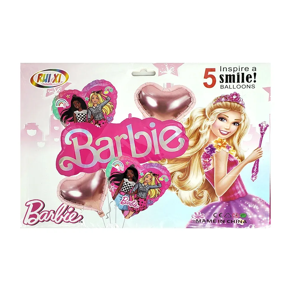 Juego de 5 globos metálicos con diseño de barbie y corazones / 004574