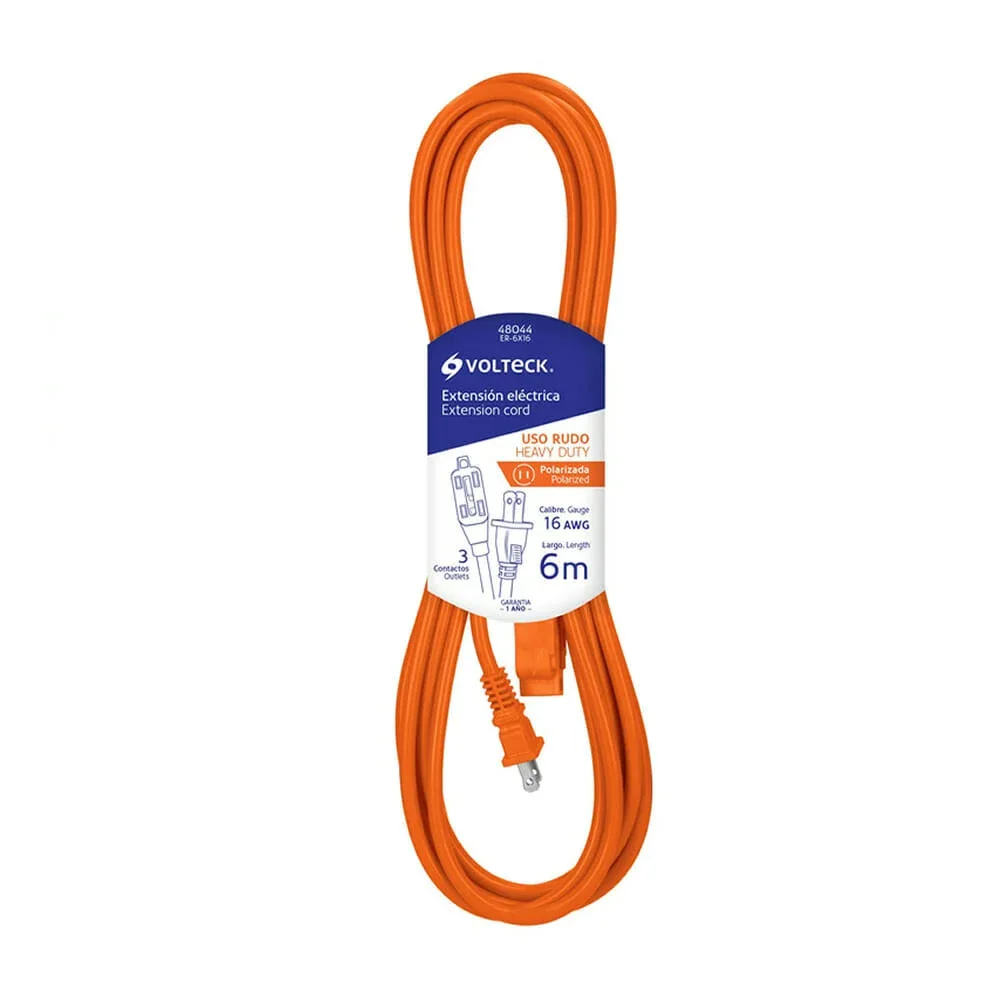 Extensión naranja volteck calibre 16 awg de 6 metros con 3 contactos para uso rudo / 48044