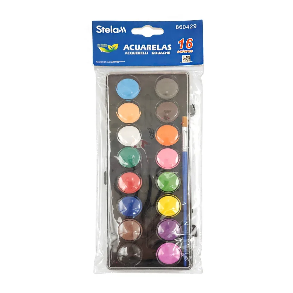 Estuche con 16 acuarelas pequeñas + pincel, colores surtidos / 860429 / stelam
