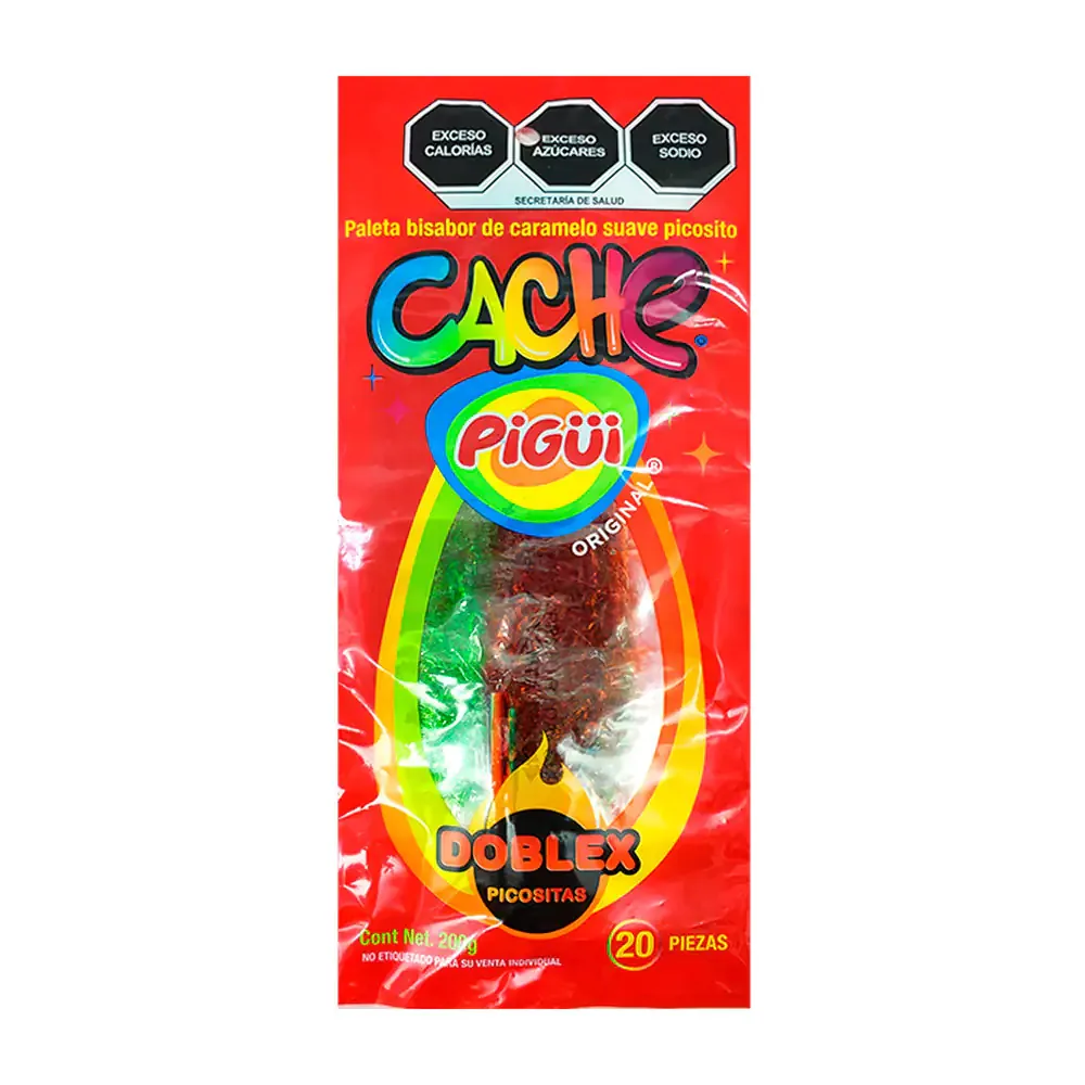 Paquete con 20 cachetadas de caramelo bisabor doblex picositas, 200g, variedad