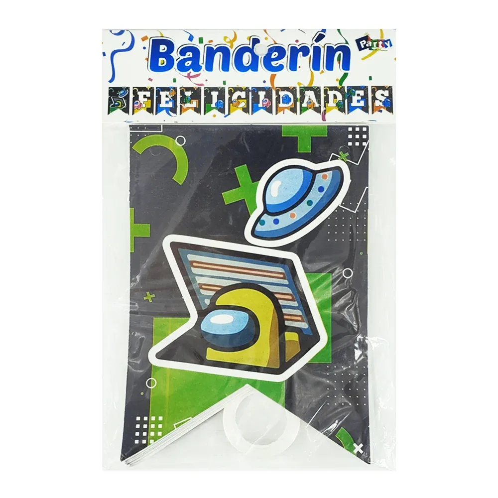 Banner - banderín, móvil, con temática de among us, frase de Felicidades / party