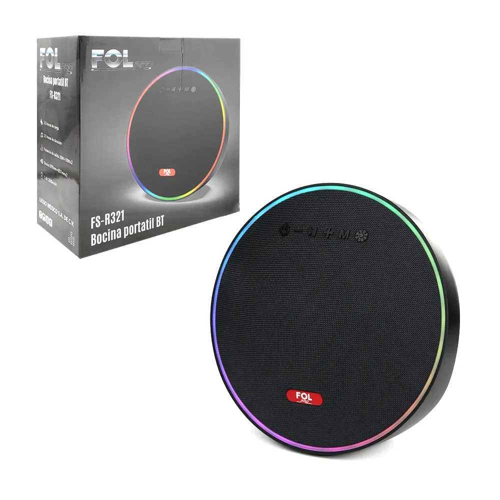 Bocina fol pro, portátil en forma de disco, puerto usb, tf y radio + luz rgb