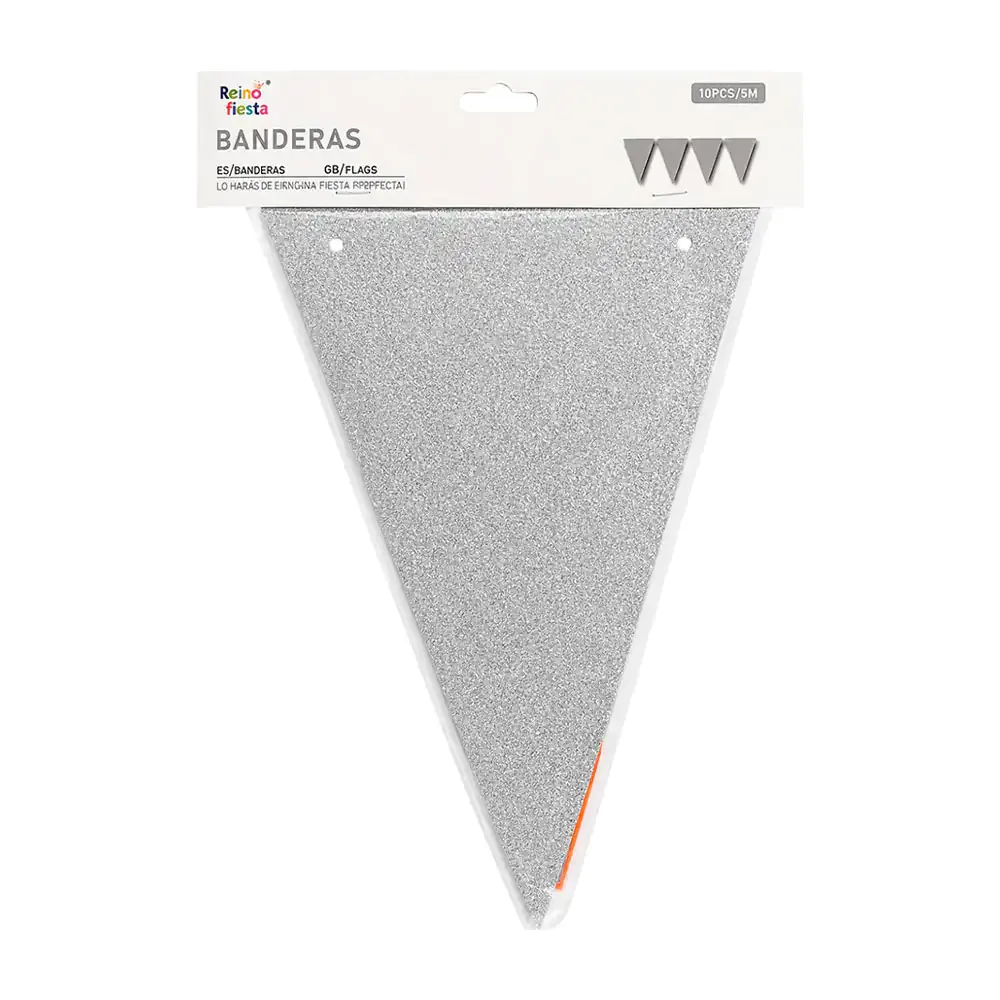 Banner banderín triangular con 10pz en color plateado y con brillantina, 5m