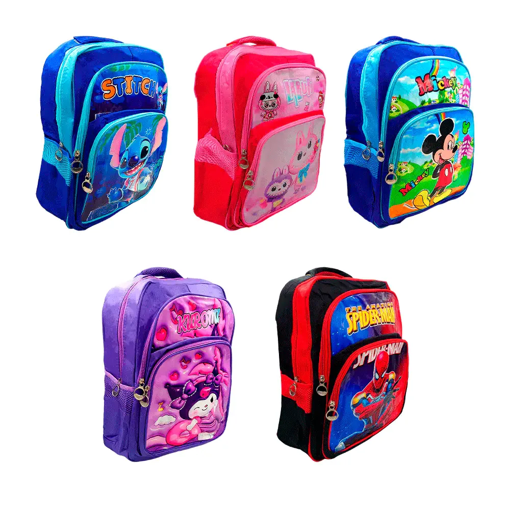 Mochila de 3 compartimentos con diseño plastificado, variedad de diseños