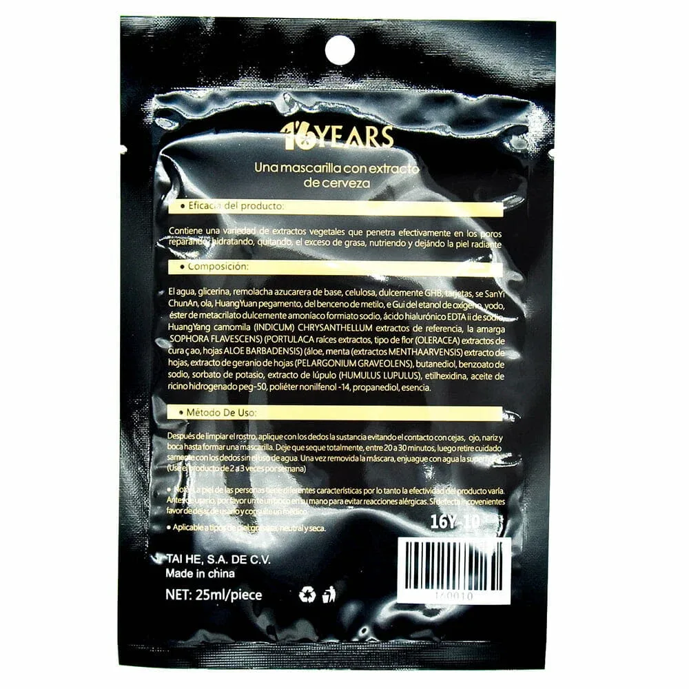 1pza Mascarilla facial 16years con extracto de cerveza 25ml / 16y-10