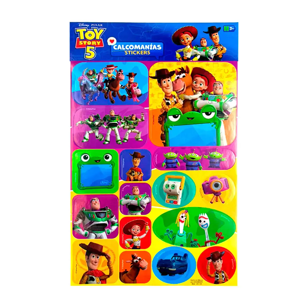 Blíster con 2 planillas de stickers escolares, estampado de toy story, variedad de formas